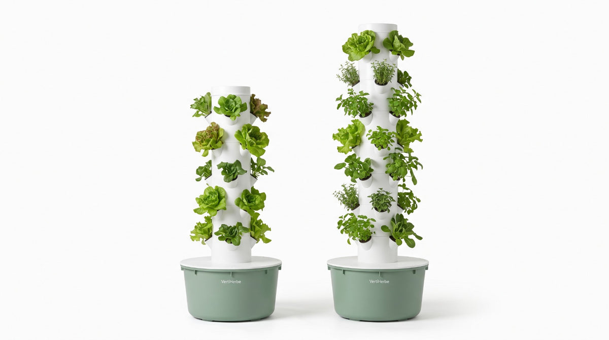 VertiHerbe 5-tier and 7-tier towers side by side