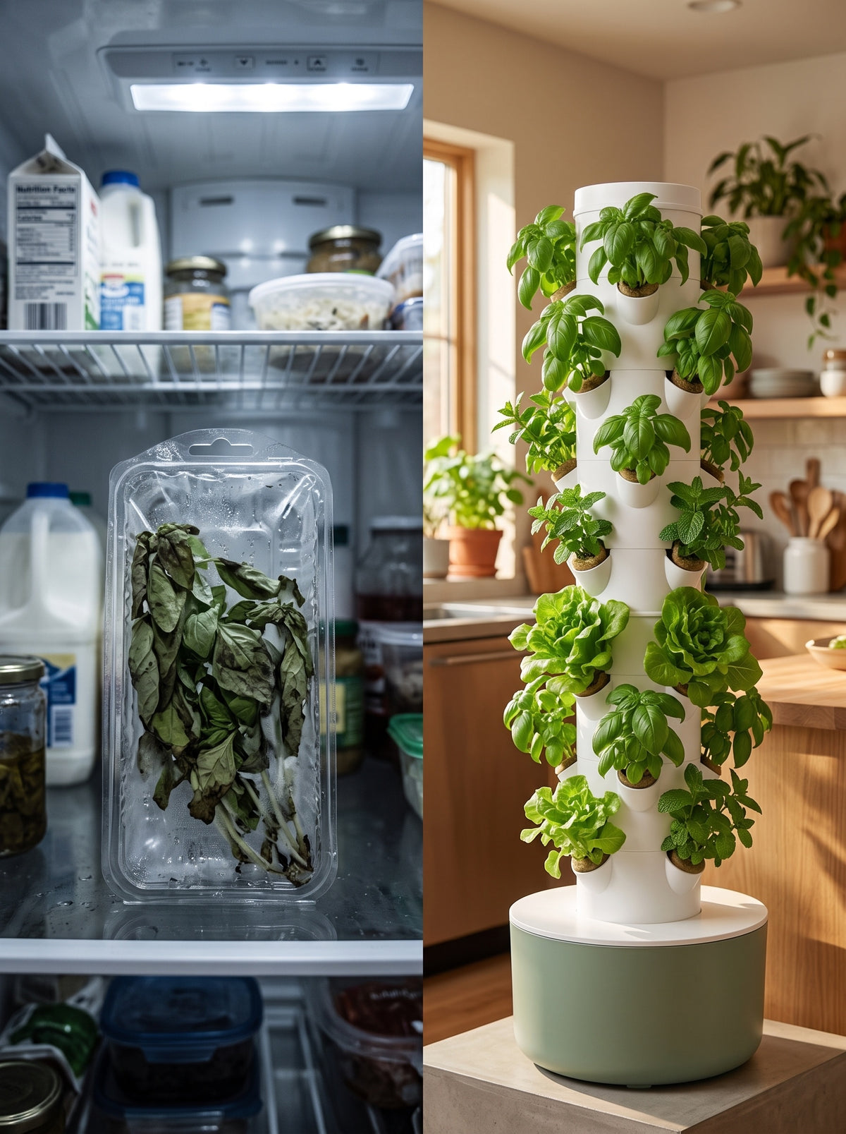 Left, wilted store-bought basil in the fridge; right, a thriving VertiHerbe tower