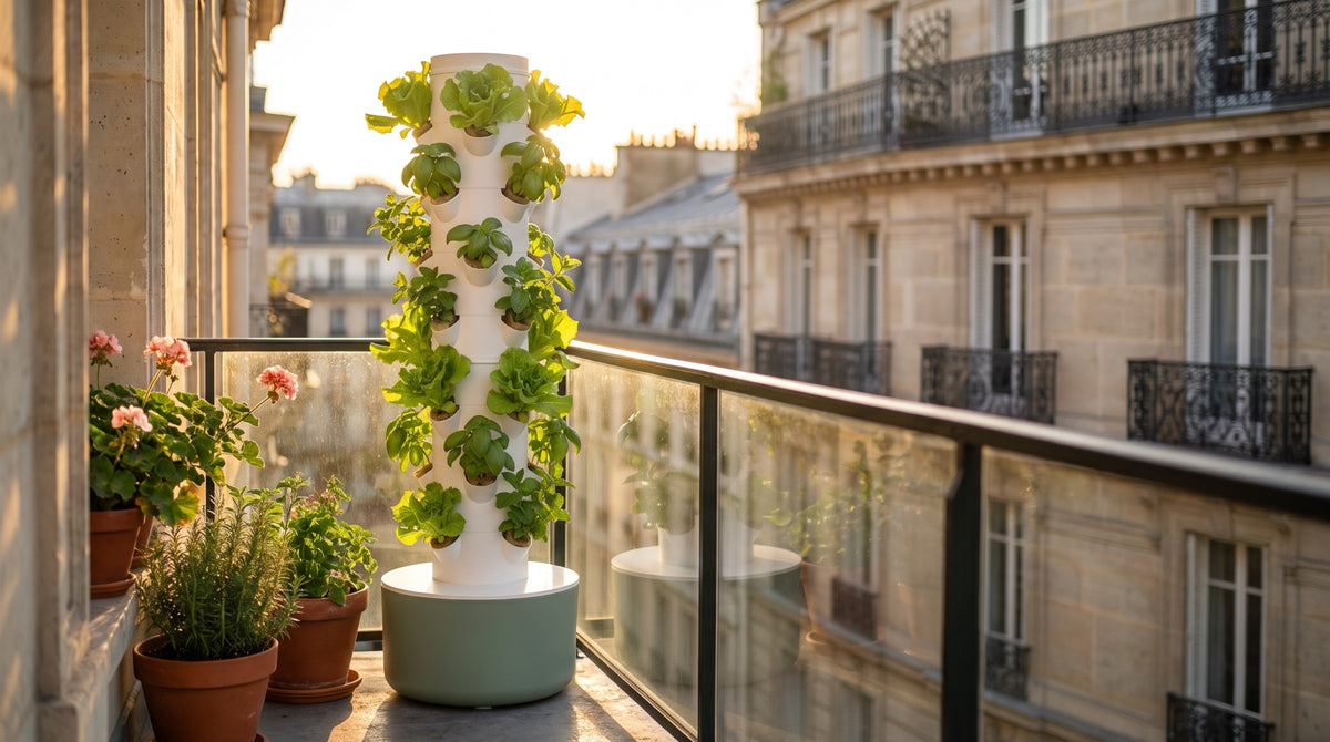 VertiHerbe tower on a sunny Paris balcony