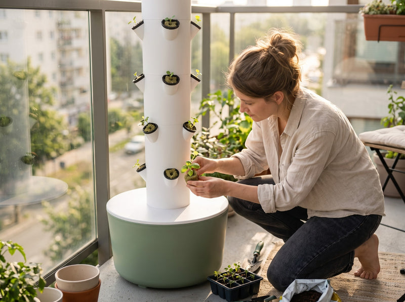 Placing young seedlings in the VertiHerbe tower