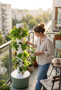 Harvesting basil from a VertiHerbe tower on a balcony