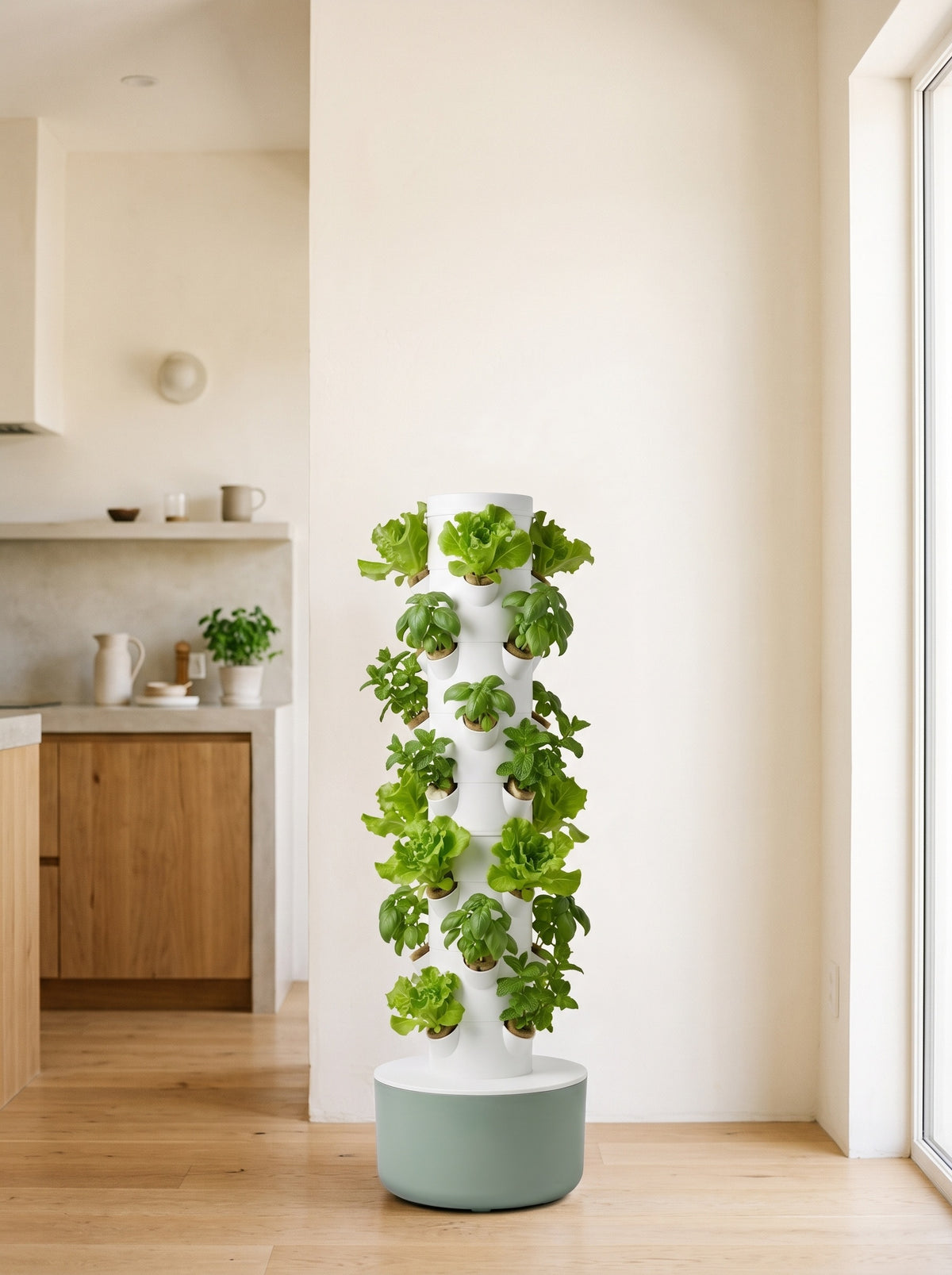 Sage green VertiHerbe tower filled with lettuce and herbs