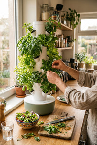 Picking fresh herbs from a VertiHerbe tower in the kitchen